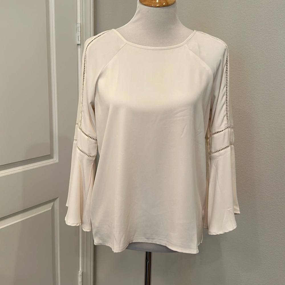 Loft Ivory crepe blouse with bell sleeve